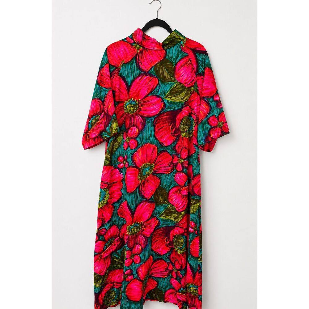 Vintage Vivanti Floral Midi Dress Women Sz L Pink Teal Bold Retro Mod Art Print